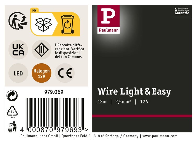Produktverpackung Paulmann Wire Light and Easy Seilsystem 12 Meter 2,5 Quadratmillimeter 12 Volt inklusive Herstellerlogo und Garantiesiegel.