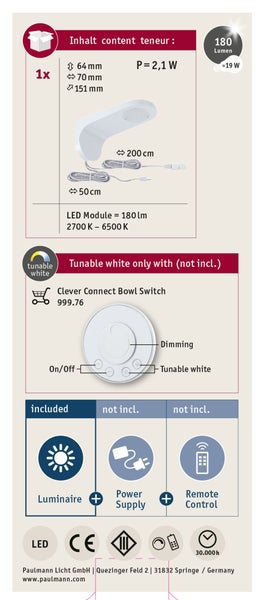 Infografik zur Paulmann Clever Connect LED Aufbauleuchte mit technischen Daten, Maßen, Zubehörhinweisen und Symbolen für Lebensdauer und Zertifikate.