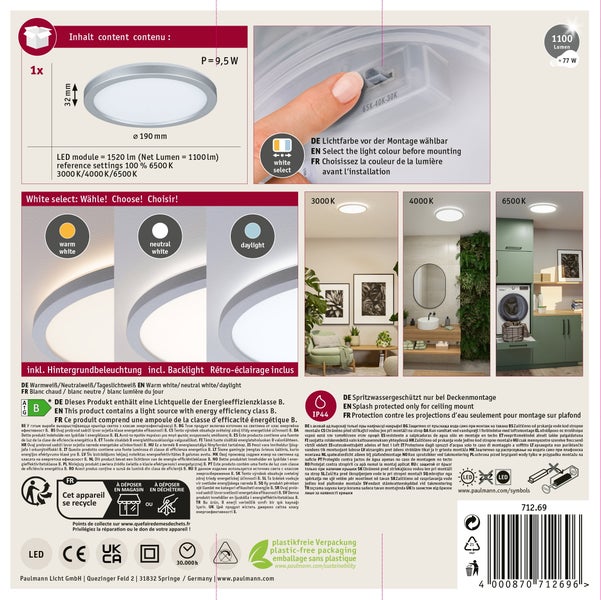 Paulmann LED Einbauleuchte 8 Watt mit IP44 Schutzart inklusiv technischer Daten und Installationsskizze auf der Verpackung.