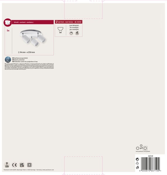 Verpackungsrückseite einer Deckenleuchte mit technischen Informationen zu Maßen, IP44 Spritzwasserschutz und Leuchtmittelanforderungen.