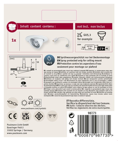 Paulmann Einbaustrahler mit technischer Zeichnung, IP23 Schutzart und Leuchtmittelhinweis auf der Verpackungsrückseite.