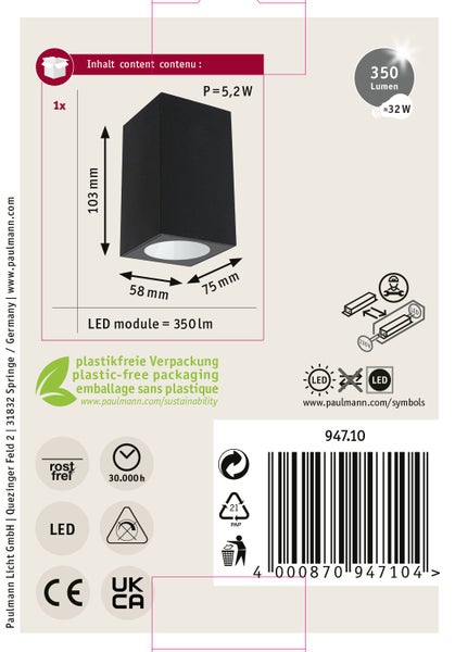 LED Wandleuchte Paulmann mit 5,2 Watt und 350 Lumen, inklusive technischer Daten und Abmessungen auf der Verpackung.