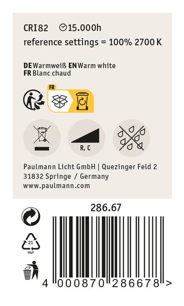 Technische Daten und Entsorgungshinweise fuer Paulmann LED Leuchtmittel mit Farbwiedergabeindex 82 und 15000 Stunden Lebensdauer.