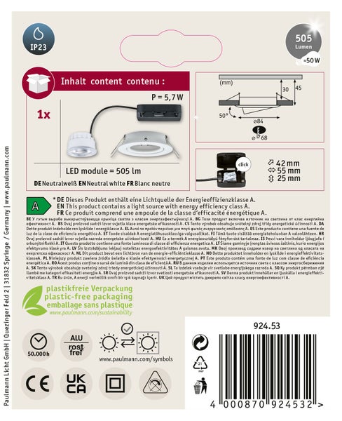 Technische Daten und Verpackungsinhalt eines Paulmann LED Einbaustrahlers mit 505 Lumen und IP23 Schutzart.