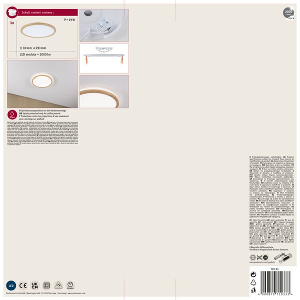 LED Deckenleuchte mit Holzoptik Rahmen, IP44 spritzwassergeschützt, 2000 Lumen, 19 Watt, inklusive Montagematerial und technischer Daten.