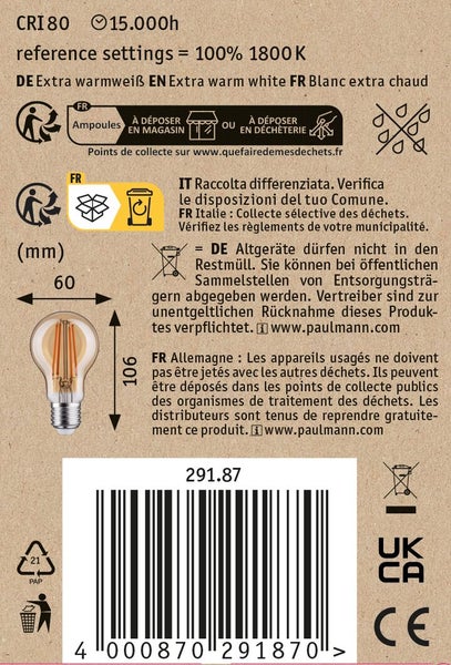 LED Filament Leuchtmittel in Tropfenform mit E27 Sockel, 1800 Kelvin, 15000 Stunden Lebensdauer, 60 mal 106 Millimeter Abmessungen.