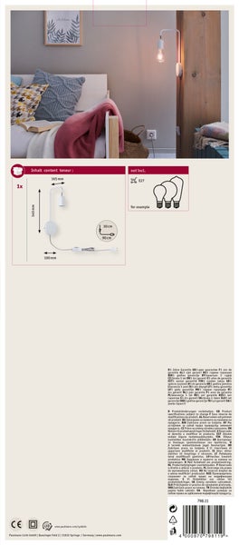 Wandleuchte mit Kabel und Stecker, E27 Fassung, Maße 340 mal 165 mal 100 Millimeter, inklusive technischer Zeichnung und Anwendungsszenario.