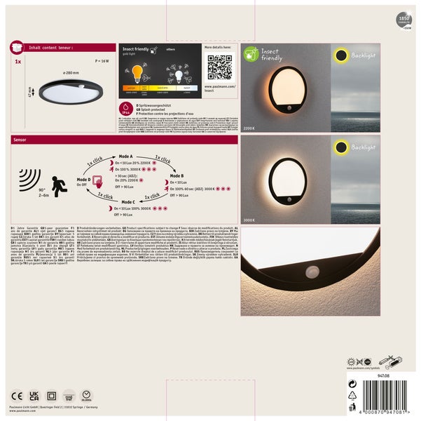 Paulmann LED Wandleuchte mit Bewegungsmelder, 16 Watt, rund, Spritzwasserschutz IP44, insektenfreundliches Licht und verschiedene Lichtmodi.