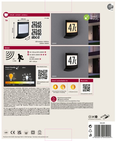 Technische Datenblatt der Paulmann LED Hausnummernleuchte mit Sensor und Insektenfreundlicher Beleuchtung.