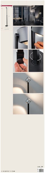 Schwarze LED Stehlampe mit verstellbarem Leuchtenkopf, höhenverstellbar durch Drehknopf, inklusive Diffusorfolie und Bedienungsdetails.