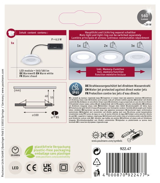 Verpackungsrückseite für Paulmann LED Einbaustrahler mit IP65 Schutzart, Schaltfunktionen und technischen Details zu Lichtstrom und Abmessungen.