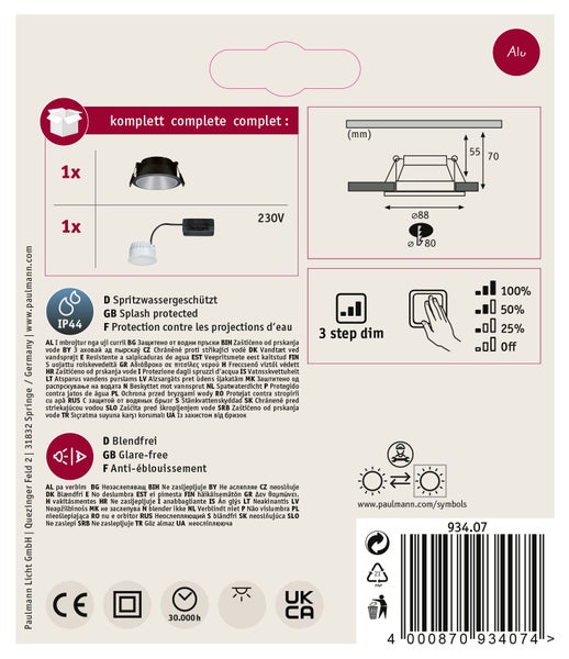 Produktverpackung mit Abbildungen, technischen Maßen und Symbolen für Paulmann Aluminium Einbauleuchte, Schutzart IP44 und dreistufiger Dimmfunktion.