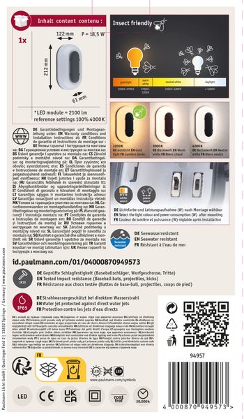Technische Produktdatenblatt einer ovalen LED Außenleuchte mit Informationen zu Maßen, Lichtfarbe, Schutzart IP65 und Montageeinstellungen.
