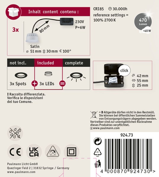 Technisches Datenblatt für ein Set aus drei LED Einbaustrahlern mit Maßangaben, Leistungsdaten und Entsorgungshinweisen von Paulmann Licht.