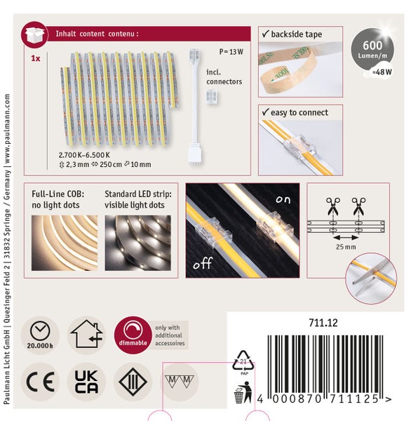 MaxLED 1000 LED Streifen mit Klebeband, 144 LEDs pro Meter, alle 4,2 Zentimeter kürzbar und mit Steckverbindung einfach erweiterbar.