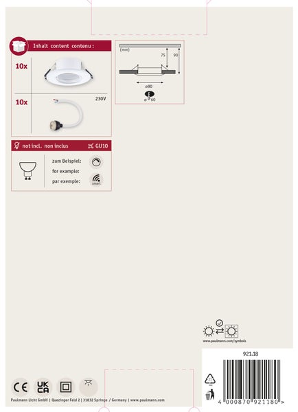 Set mit 10 Einbaustrahler Gehäusen inklusive Fassungen für GU10 Leuchtmittel mit technischer Zeichnung und Maßangaben.