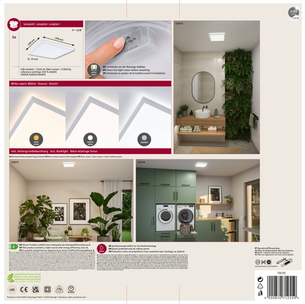 Atria Shine LED Deckenleuchte, quadratisch, Energieklasse B, White Select Funktion, IP44 Spritzwasserschutz und Backlight Technologie.
