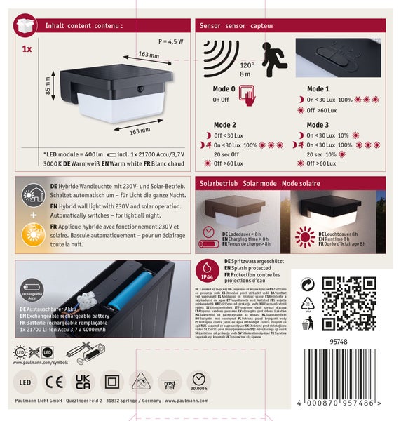 Infoblatt zu einer LED Solar Wandleuchte mit Bewegungssensor, inklusive technischer Daten, Installationshinweisen und Symbolen zur Produktsicherheit.