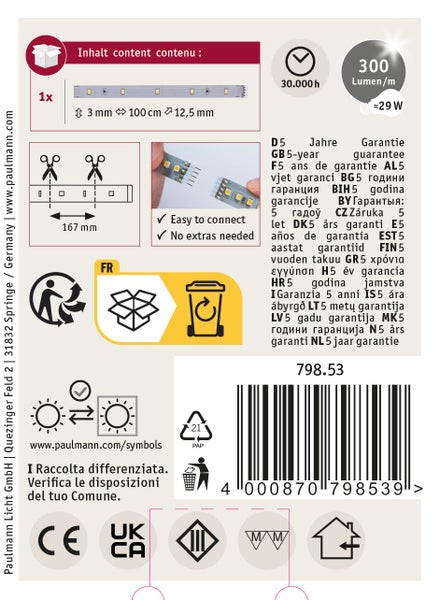 Produktetikett mit technischen Daten, Entsorgungshinweisen, CE-Kennzeichnung und Barcode für Paulmann Leuchtmittel.