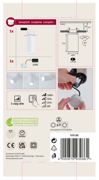 Paulmann LED Einbaustrahler Set mit 3 Stufen Dimmfunktion und Montageanleitung sowie technischen Abmessungen für Deckenleuchten.
