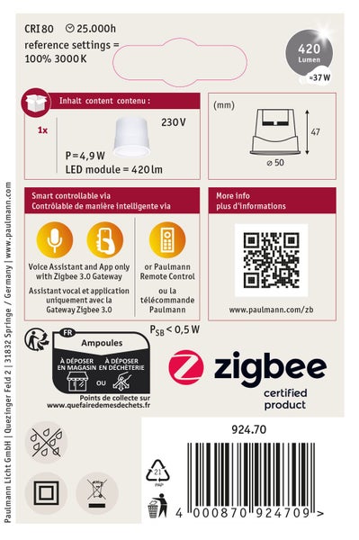 Paulmann LED Leuchtmittel Zigbee smart dimmbar RGBW tunable white 4,9 Watt 420 Lumen