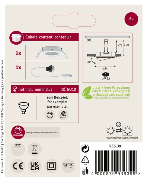Produktverpackung eines Paulmann Einbaustrahlers mit technischen Daten, Montagehinweisen und Symbolen zur Dimmbarkeit und Nachhaltigkeit.