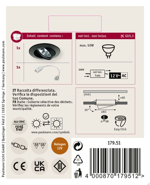 Paulmann Einbaustrahler Premium GU5,3, schwenkbar bis 30 Grad, für 12 Volt, schwarz, inklusive Verpackung und Zubehör.