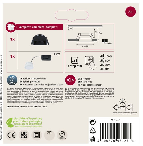 Produktverpackung Rückseite LED Einbaustrahler mit technischen Details, IP44 Spritzwasserschutz, Dimmfunktion und Einbaumaßen.