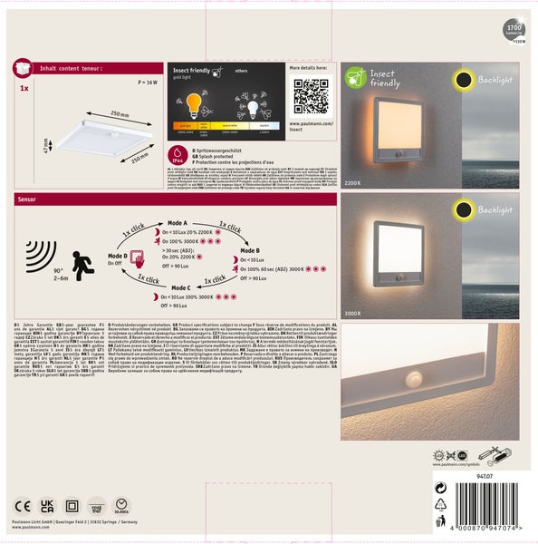 Quadratische LED Wandleuchte mit Bewegungsmelder und Backlight Funktion. Inklusive technischer Zeichnung, Montageanleitung und Funktionsübersicht.