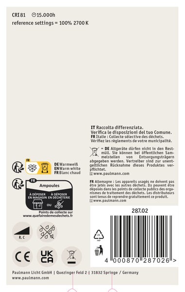Technische Informationen auf der Rückseite einer Paulmann Leuchtmittelverpackung inklusive Entsorgungshinweisen und CE sowie UKCA Kennzeichen.