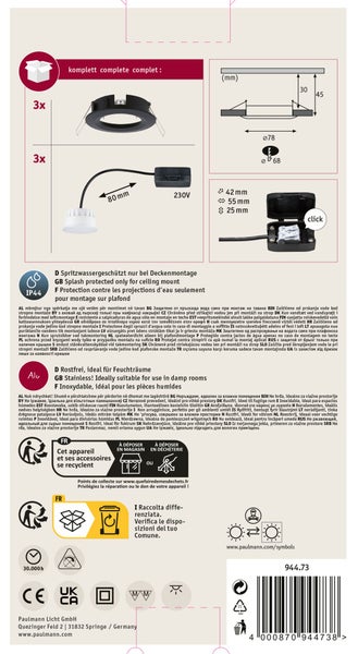 LED Einbauleuchte Nova Coin Basisset starr IP44 rund 78 mm Coin 3x6W 3x470lm 230V 2700K Schwarz matt