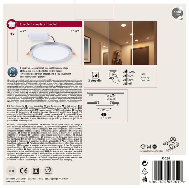 Produktetikett für Leuchtmittel mit technischen Informationen wie Farbwiedergabeindex, Lebensdauer, Lichtfarbe und Entsorgungshinweisen.
