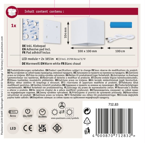 Wandleuchte mit LED Modul inklusive Akku, Klebepad und Ladekabel, Maße 100 mal 100 mal 104 Millimeter, warmweißes Licht