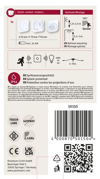 Bewegungsmelder mit Montageplatte, Maße 75 Millimeter mal 75 Millimeter mal 93 Millimeter, inklusive 5 Jahre Garantie.