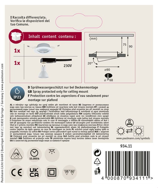 Technische Produktverpackung für einen Paulmann Einbaustrahler mit Maßangaben und Montageinformationen