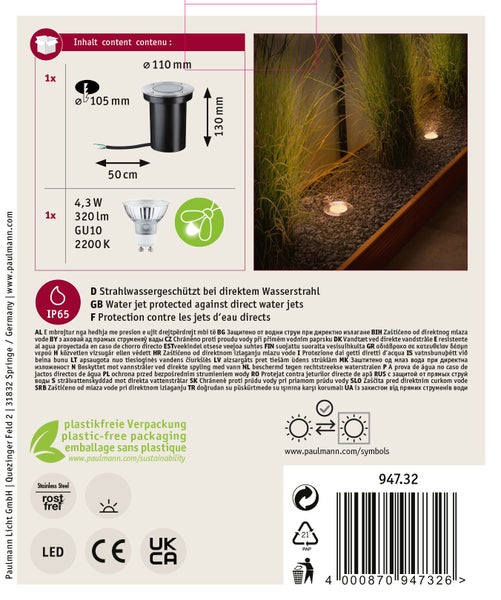 Einbauleuchte für den Außenbereich mit technischer Zeichnung, IP65 Schutzklasse, LED Leuchtmittel und Informationen zur plastikfreien Verpackung.