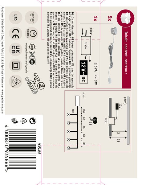 Paulmann LED Einbauleuchten Set mit 5 Einbaustrahlern inklusive Transformator Technische Daten und Montagehinweise auf der Verpackung