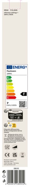 Energieeffizienzlabel für Paulmann LED Leuchtmittel mit technischen Daten, Produktspezifikationen und Entsorgungshinweisen.