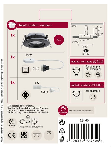 Einbaustrahler aus Aluminium mit GU10 und GU5.3 Fassungen inklusive Maßzeichnung und technischen Daten als Übersicht auf der Verpackungsrückseite.