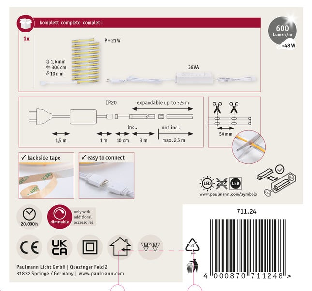 Set aus drei Paulmann LED Einbaustrahlern mit Zigbee Steuerung und RGBW Funktion inklusive technischer Zeichnung und Montagehinweisen