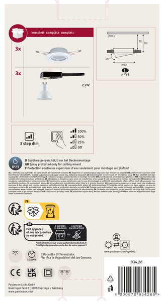 Einbaustrahler Set mit drei LED Leuchten, 230 Volt, dreistufig dimmbar, Schutzart IP23 nur für Deckenmontage geeignet.