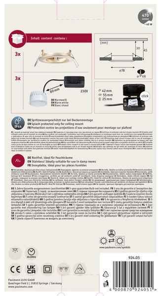 Technische Informationen und Installationsmaße der Paulmann Einbauleuchte inklusive IP44 Spritzwasserschutz und Edelstahl Gehäuse.