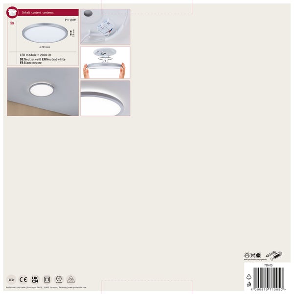 Paulmann LED Aufbauleuchte mit 18,5 Watt, 1500 Lumen, 220 Millimeter Durchmesser, inklusive Schnellverbinder für die Deckenmontage.