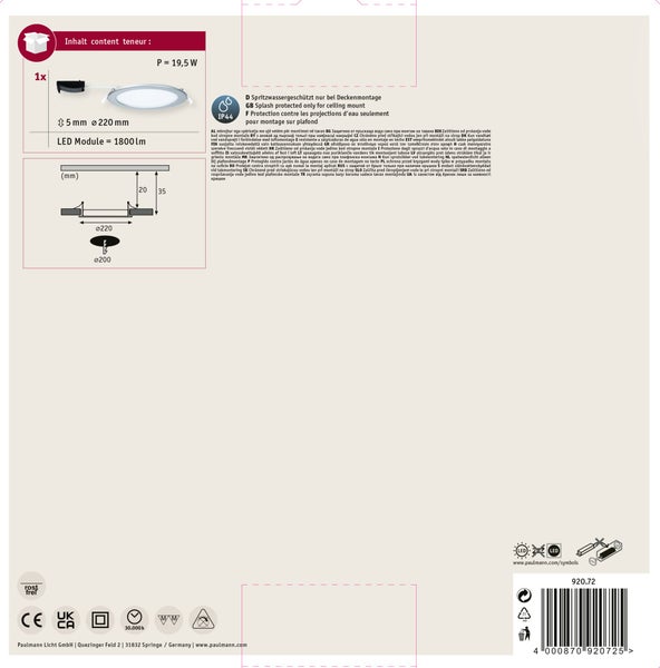 Technische Daten und Montagehinweise fuer Paulmann LED Einbauleuchte mit IP44 Spritzwasserschutz, 19,5 Watt und 1800 Lumen.