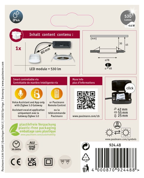 Produktverpackung Rückseite Paulmann LED Einbaustrahler mit technischen Daten, Montageanleitung, Smart Home Kompatibilität und Sicherheitszeichen.