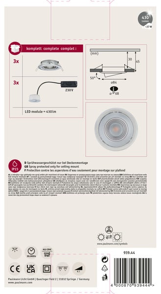 Technische Darstellung eines LED Einbaustrahler Sets mit 3 Einheiten, Montageanleitung, Maßen und Schutzklasse IP 23 für Deckenmontage.