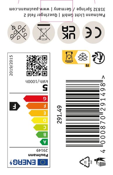 Produktetikett mit Paulmann Logo, Energieeffizienzklasse F, Strichcode, QR Code und verschiedenen Entsorgungs- und Konformitätssymbolen.