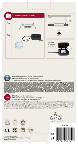 Modernes Bad mit LED Einbauleuchten Nova an der Decke, Badewanne und Dusche, warmweißes Licht und IP44 Schutz gegen Spritzwasser.