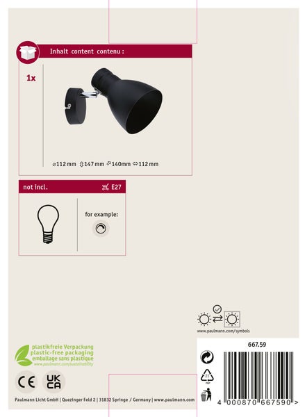 Wandleuchte von Paulmann inklusive Maßangaben und Hinweisen zum Leuchtmittel mit E27 Fassung auf der Verpackungsrückseite.