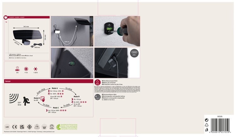 Technische Darstellung einer Solar LED Außenleuchte mit Bewegungsmelder, Montagehinweisen, USB C Anschluss und IP65 Schutzklasse Produktinformation